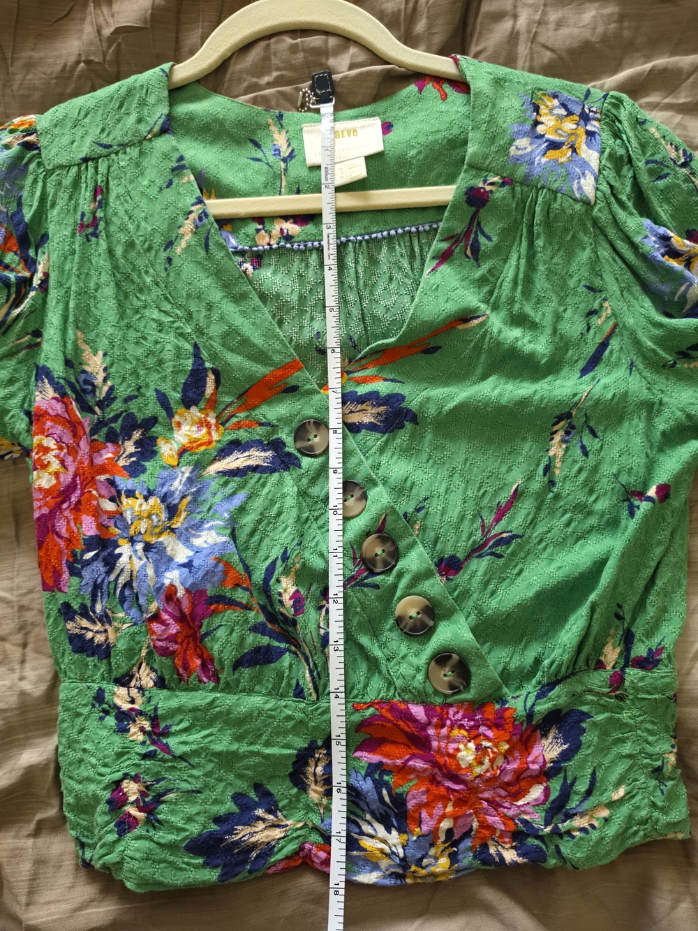 Anthropologie Green Floral V-Neck Puff Sleeve Top - Picture 13 of 13